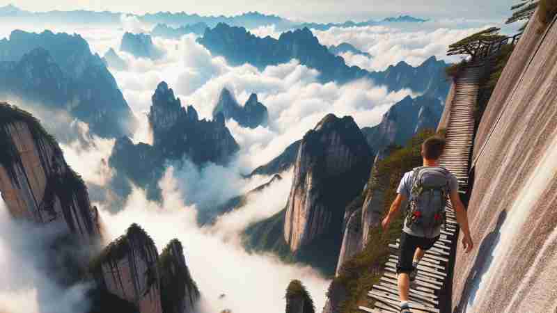 Experience the Thrill: Huashan Plank Walk, China's Most Perilous Hike, Concept art for illustrative purpose - Monok